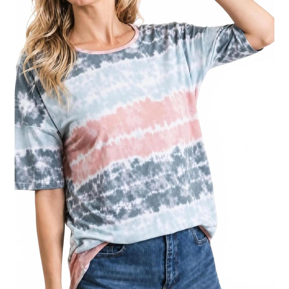 NEW BOMBOM tie dye stripes top in blue multicolor